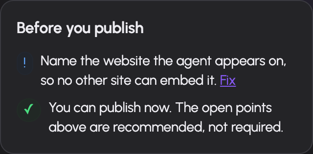The agent setup checklist reports missing prerequisites before publication.
