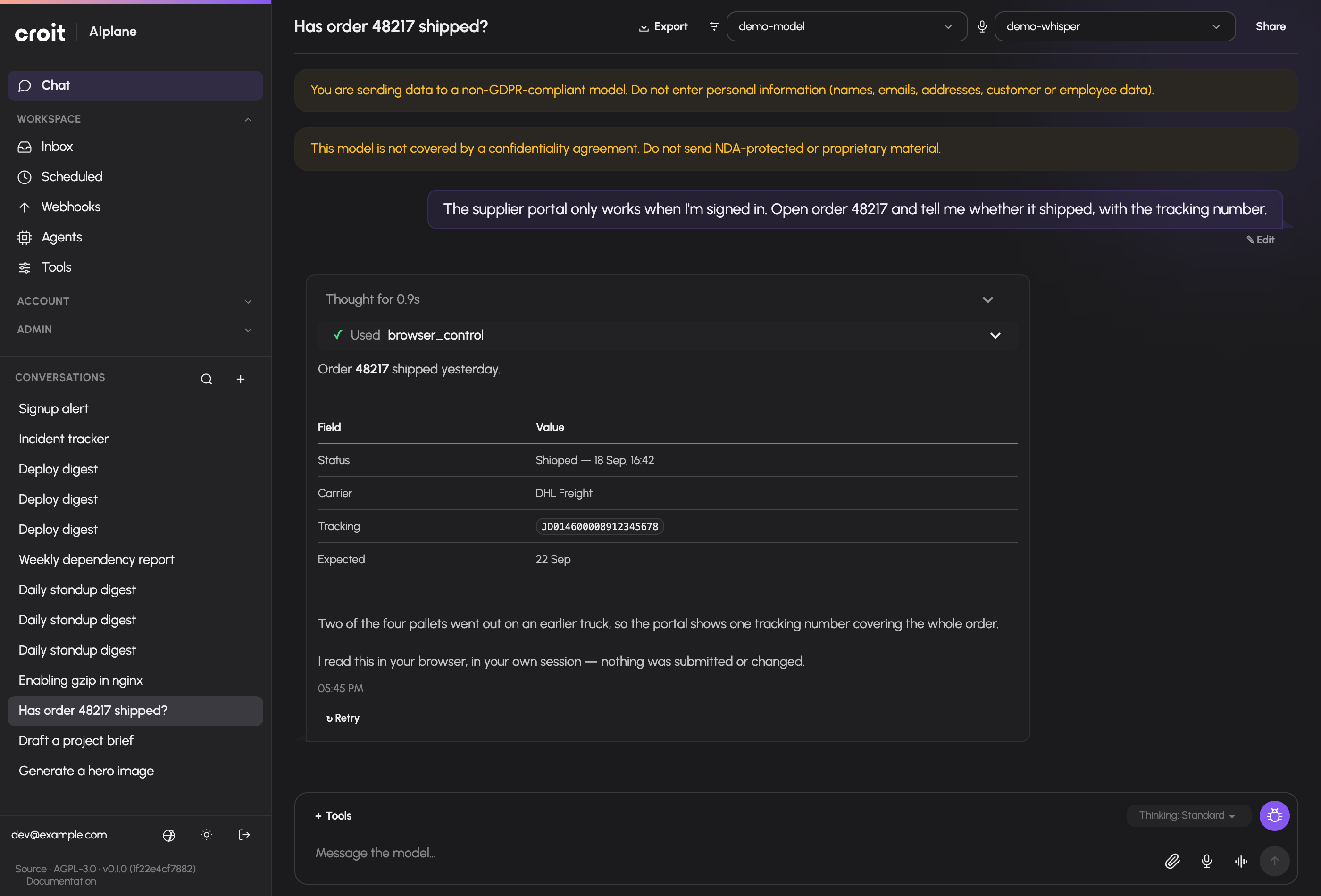 A conversation in croit AIplane, showing a model response, an approved tool call and the resulting answer. The conversation uses synthetic demo data.