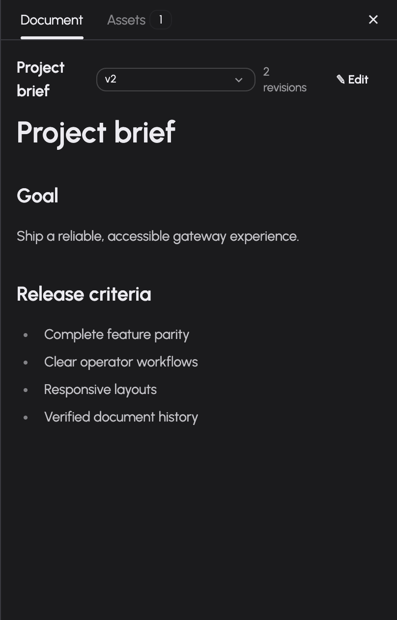 The document canvas shows editable content, version selection and document controls.