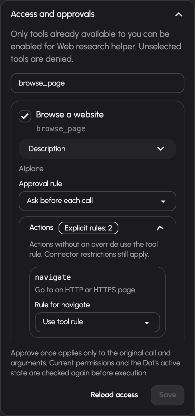 A personal Dot’s access and action rules