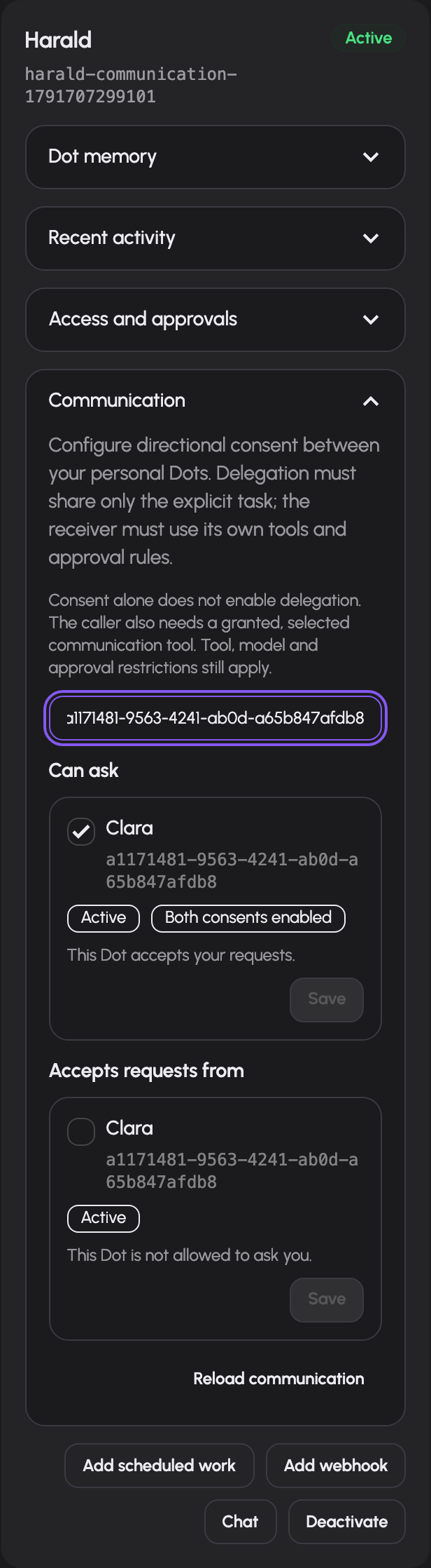 Directional consent between actual personal Dots
