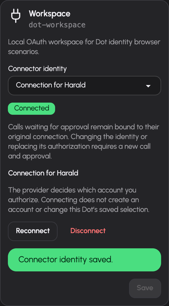 The actual Workspace connector uses Harald's separately authorized connection.