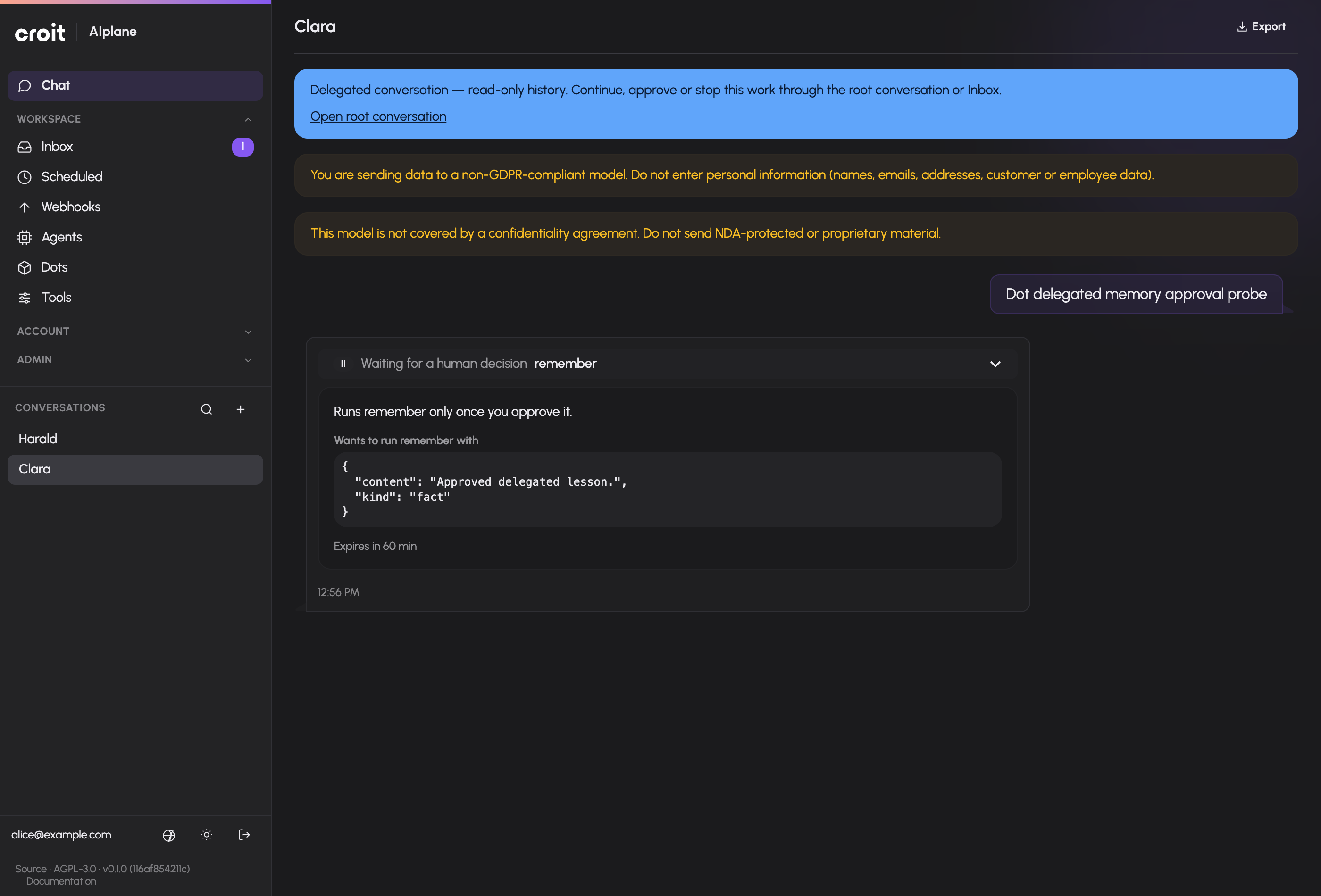 Private delegated Dot history with root navigation and a pending decision