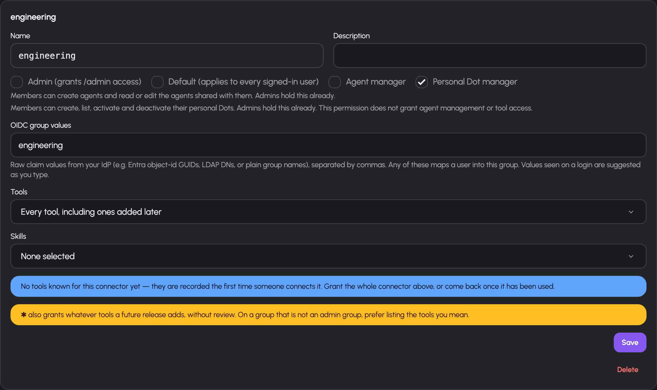 The Engineering group with Personal Dot manager enabled and Agent manager disabled. Synthetic data in the real group form.