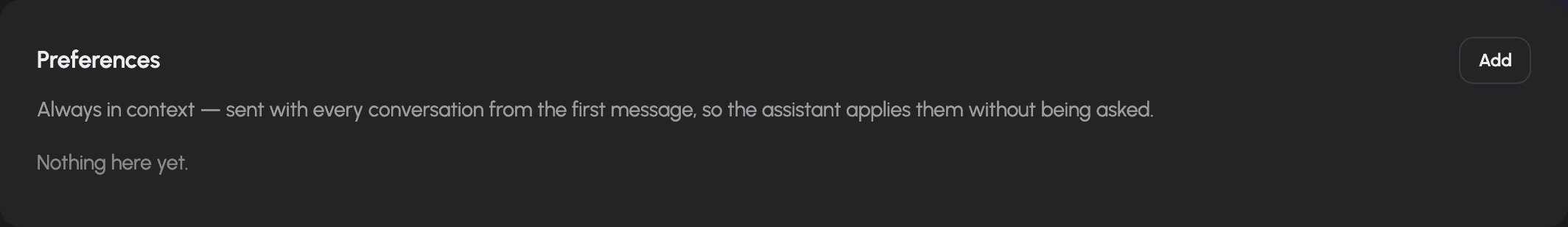 The Preferences memory card explains its context behaviour and provides an Add action.
