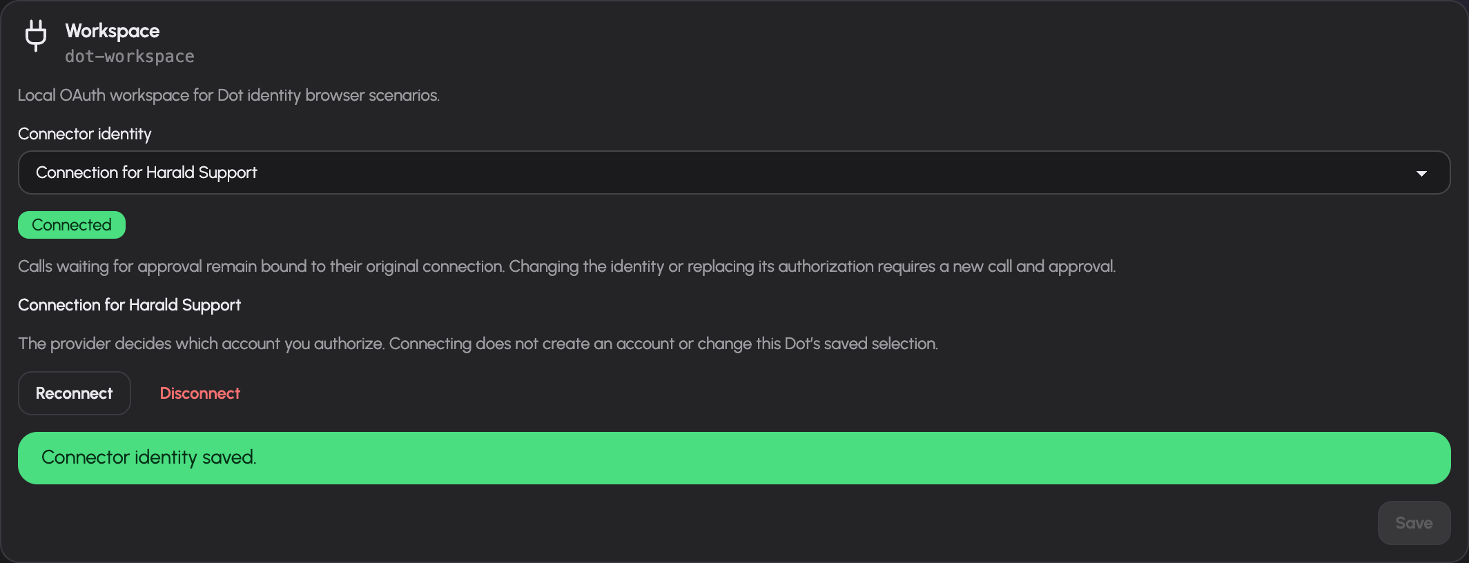 Harald Support's explicitly selected own Workspace connection