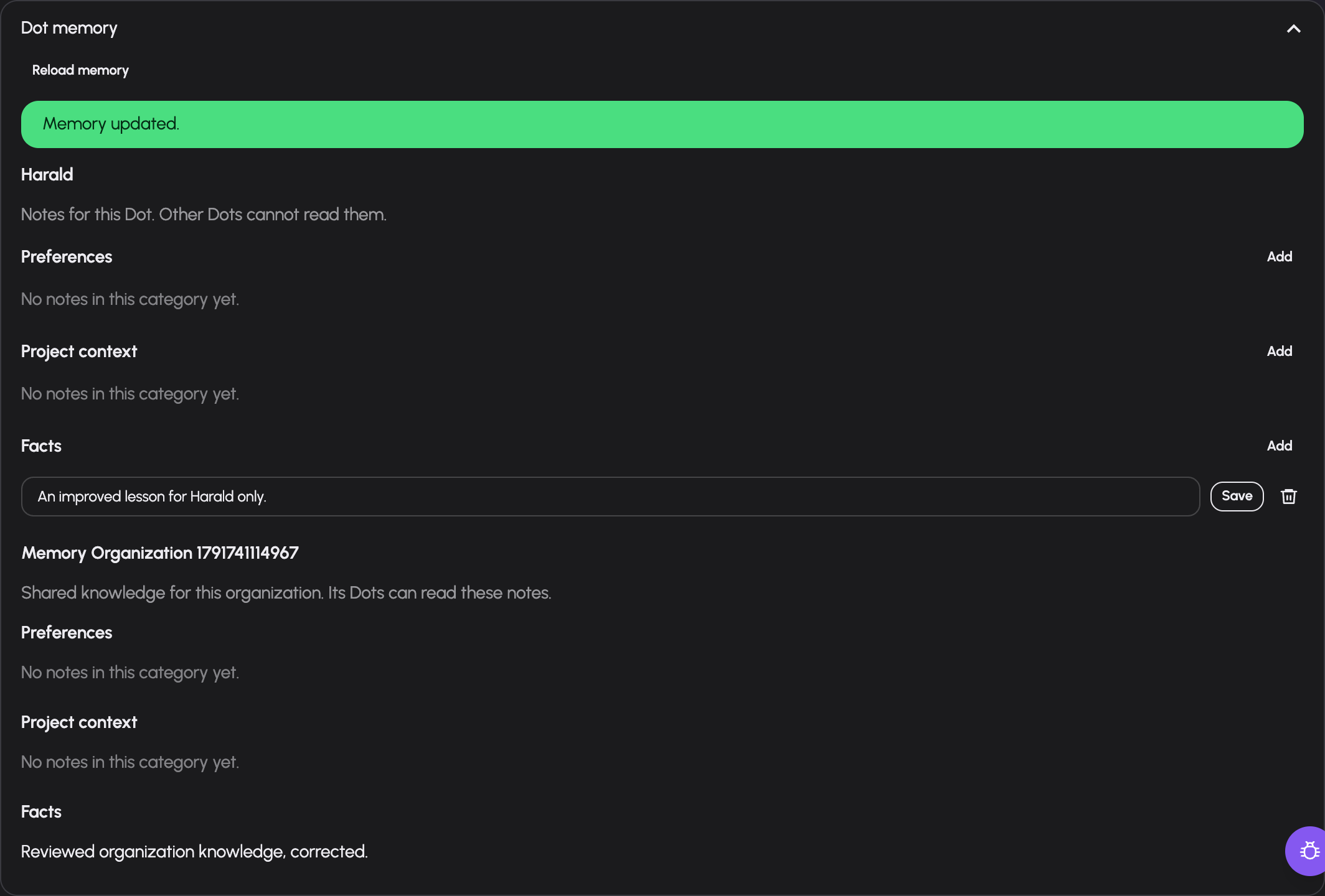 Harald's editable private lesson and read-only organization knowledge in the existing memory panel.