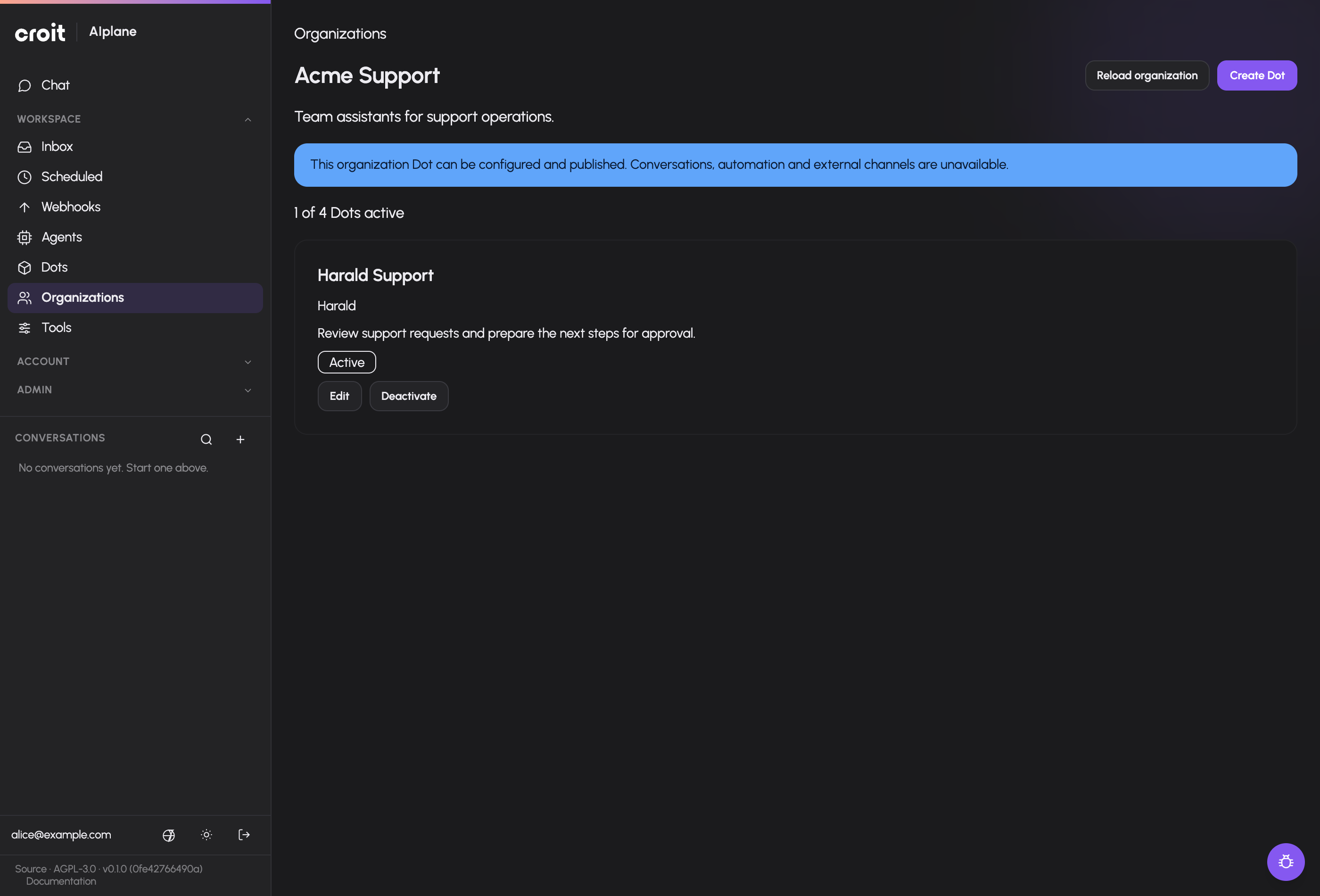 An organization lists its named Dot and active capacity, with creation available through a dialog. The image uses synthetic data in the real application.