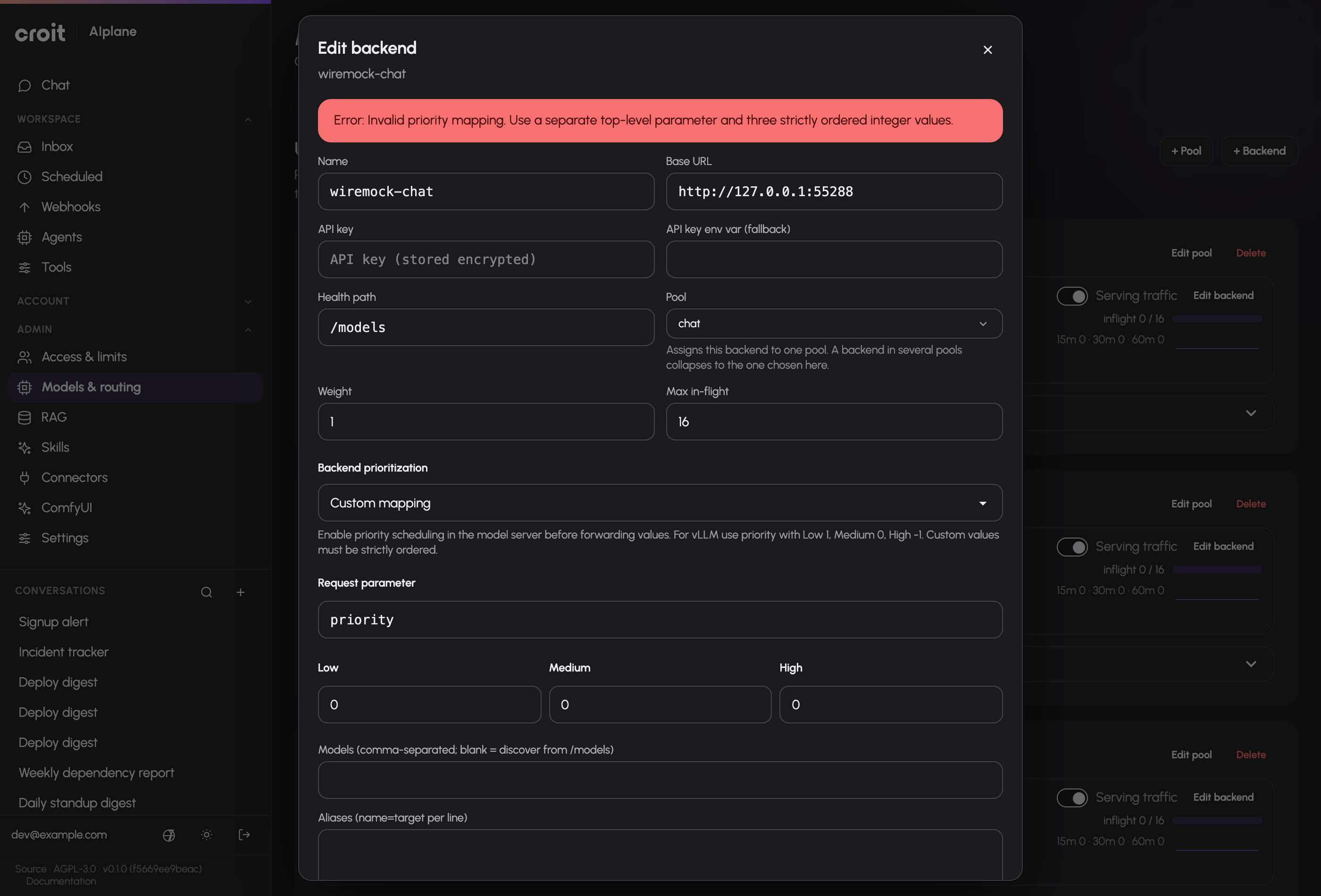 A focused backend priority validation error, using synthetic demo data.