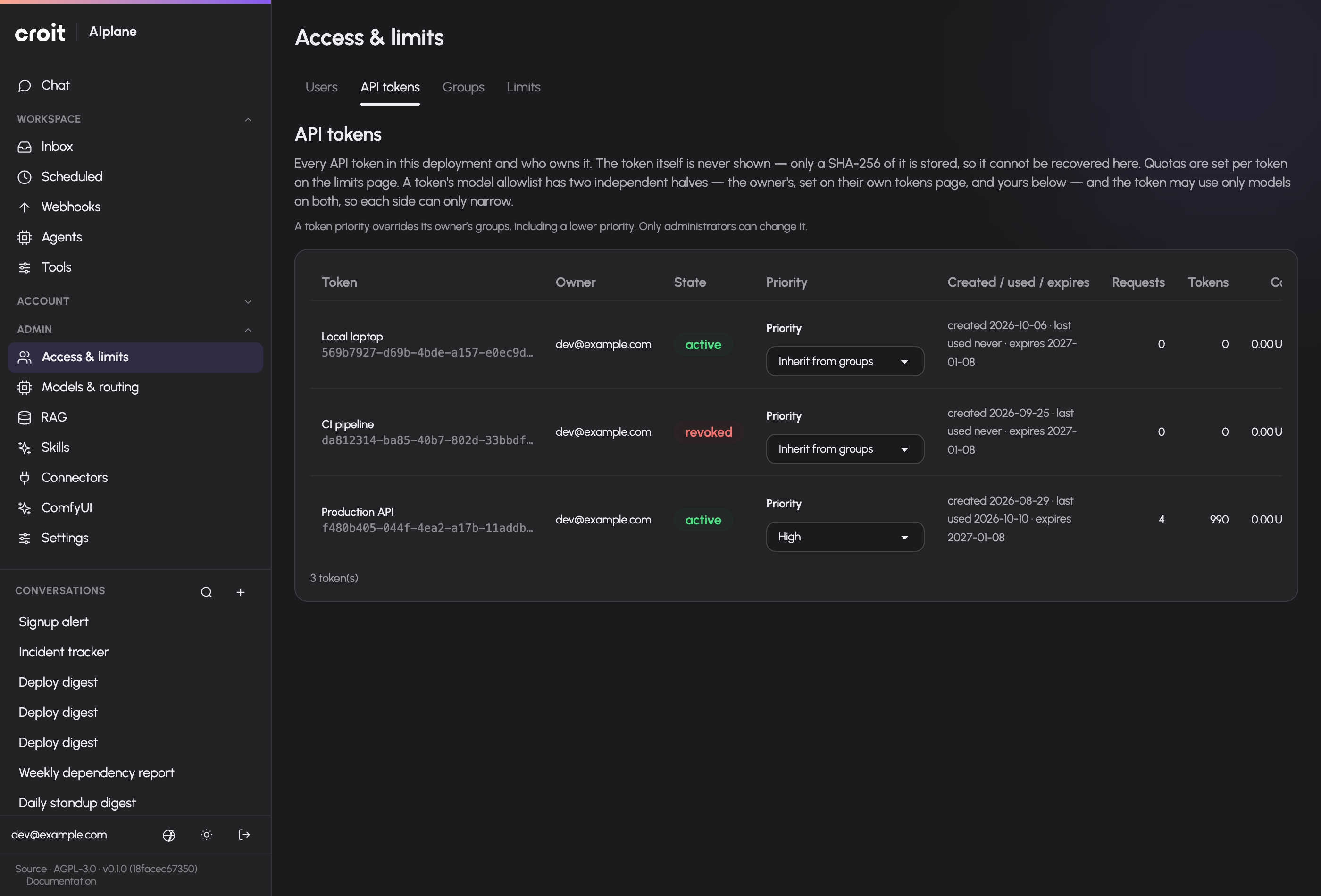 Token priorities in the administration screen, using synthetic demo data.