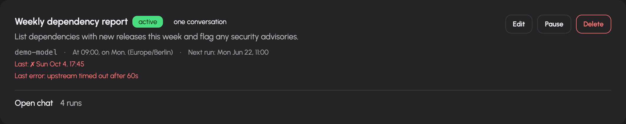A scheduled action card shows timing, conversation reuse, status and run controls.