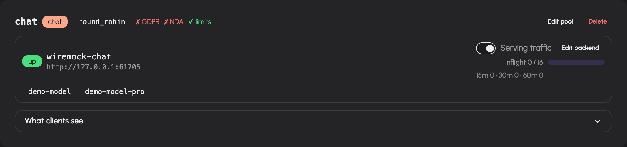 An upstream pool card shows its kind, compliance declarations, healthy backend and served models.